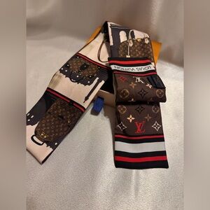 Louis Vuitton LV Silk Skyline Bandeau Brown and Pink Monogram Twilly with Box